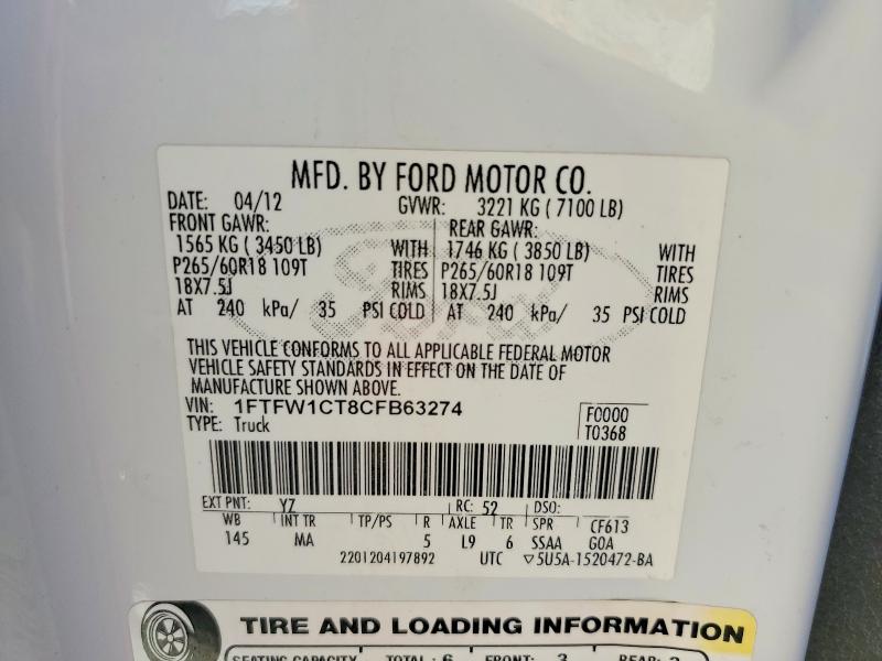 Aukcja sprzedaży 2012 Ford F150, vin: 1FTFW1CT8CFB63274, numer aukcji: 48528376