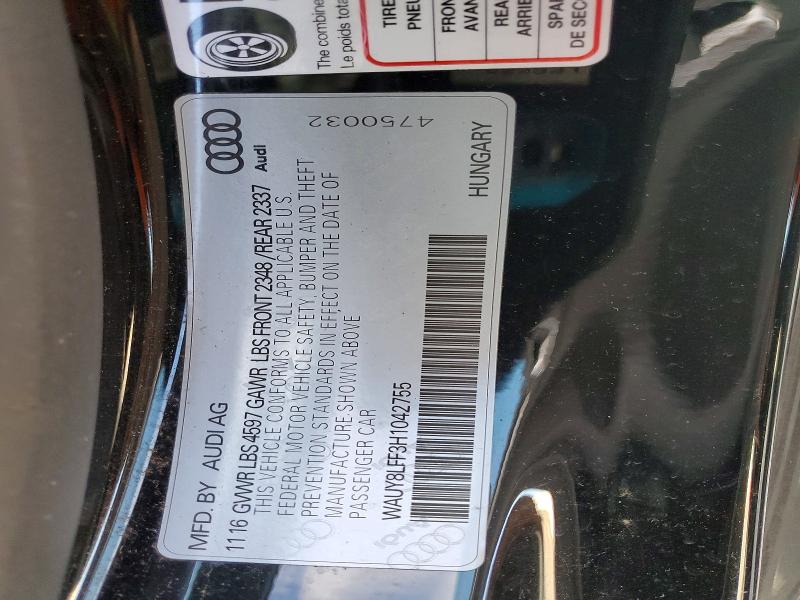 2017 Audi A3 მანქანა იყიდება აუქციონზე, vin: WAUY8LFF3H1042755, აუქციონის ნომერი: 48819376