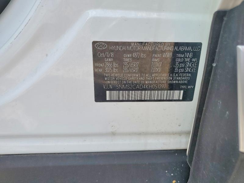 2019 Hyundai Santa Fe მანქანა იყიდება აუქციონზე, vin: 5NMS2CAD4KH051297, აუქციონის ნომერი: 49371366