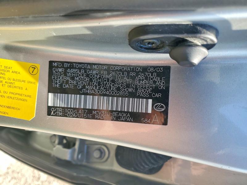 Aukcja sprzedaży 2004 Lexus Es, vin: JTHBA30G940002855, numer aukcji: 50265576