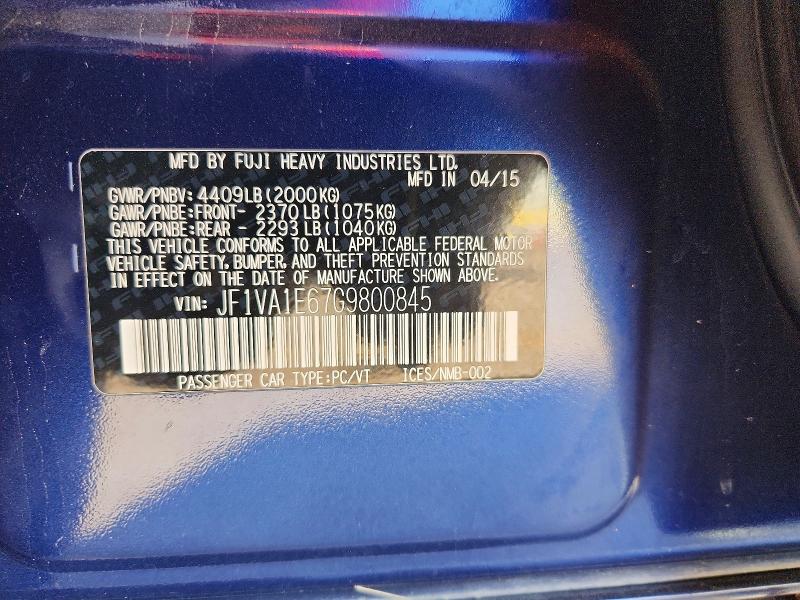 Aukcja sprzedaży 2016 Subaru Wrx, vin: JF1VA1E67G9800845, numer aukcji: 50318866