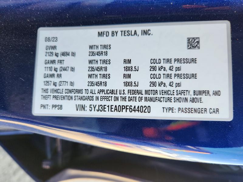 Aukcja sprzedaży 2023 Tesla Model 3, vin: 5YJ3E1EA0PF644020, numer aukcji: 48122156