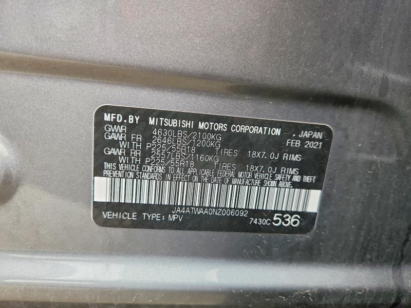 Aukcja sprzedaży 2022 Mitsubishi Eclipse Cross, vin: JA4ATWAA0NZ006092, numer aukcji: 47934556