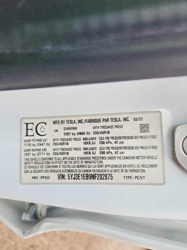 47803096 :رقم المزاد ، 5YJ3E1EB9NF202875 vin ، 2022 Tesla Model 3 مزاد بيع