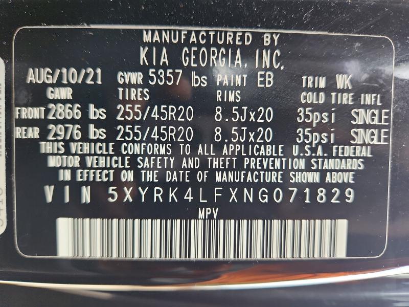 Aukcja sprzedaży 2022 Kia Sorento, vin: 5XYRK4LFXNG071829, numer aukcji: 50137396