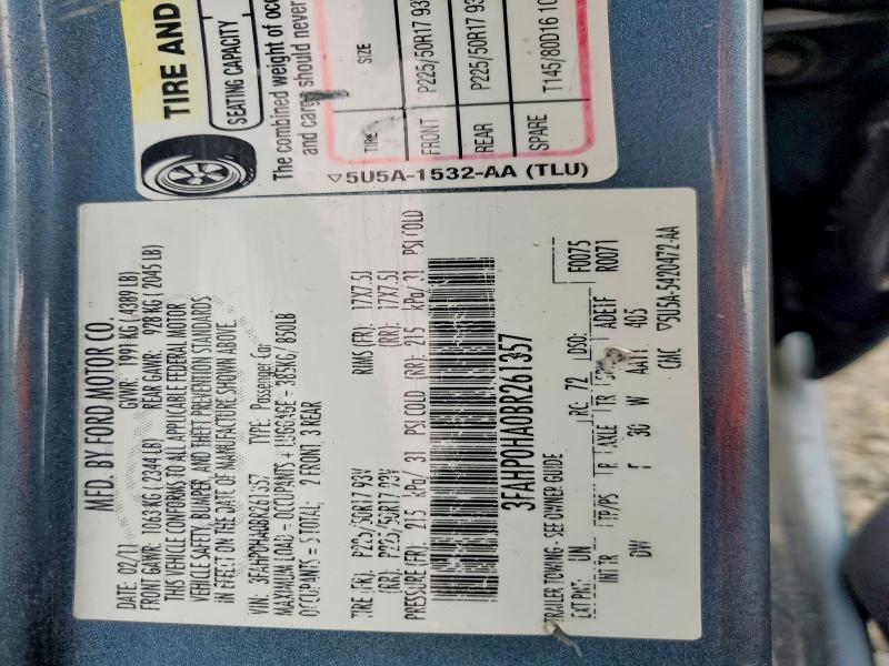2011 Ford Fusion მანქანა იყიდება აუქციონზე, vin: 3FAHP0HA0BR261357, აუქციონის ნომერი: 50502856