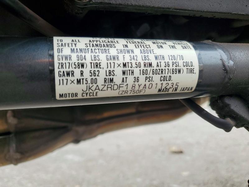 2000 Kawasaki Zr750 მანქანა იყიდება აუქციონზე, vin: JKAZRDF18YA011235, აუქციონის ნომერი: 51372616