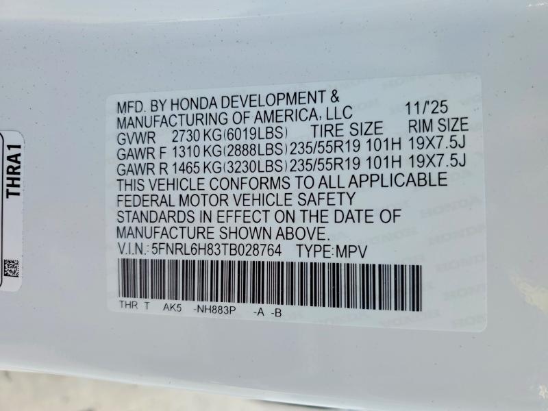 51009816 :رقم المزاد ، 5FNRL6H83TB028764 vin ، 2026 Honda Odyssey مزاد بيع