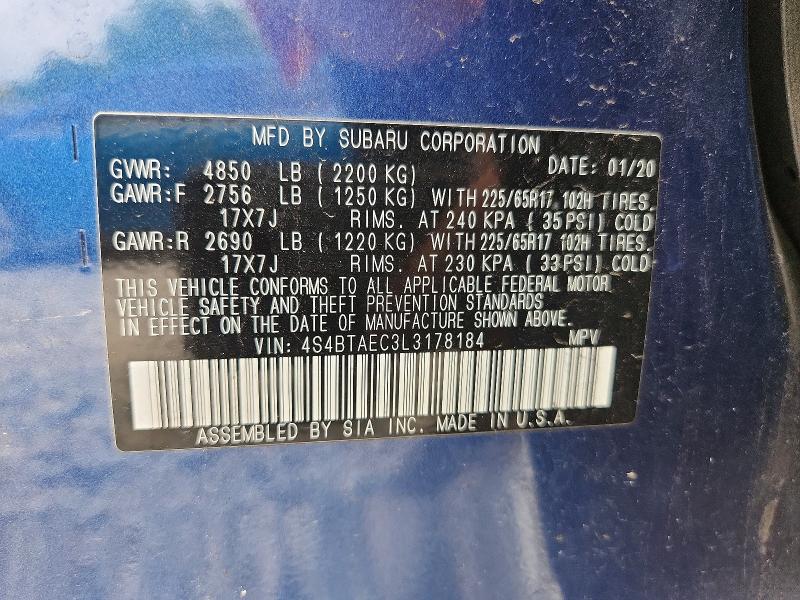 49515746 :رقم المزاد ، 4S4BTAEC3L3178184 vin ، 2020 Subaru Outback مزاد بيع