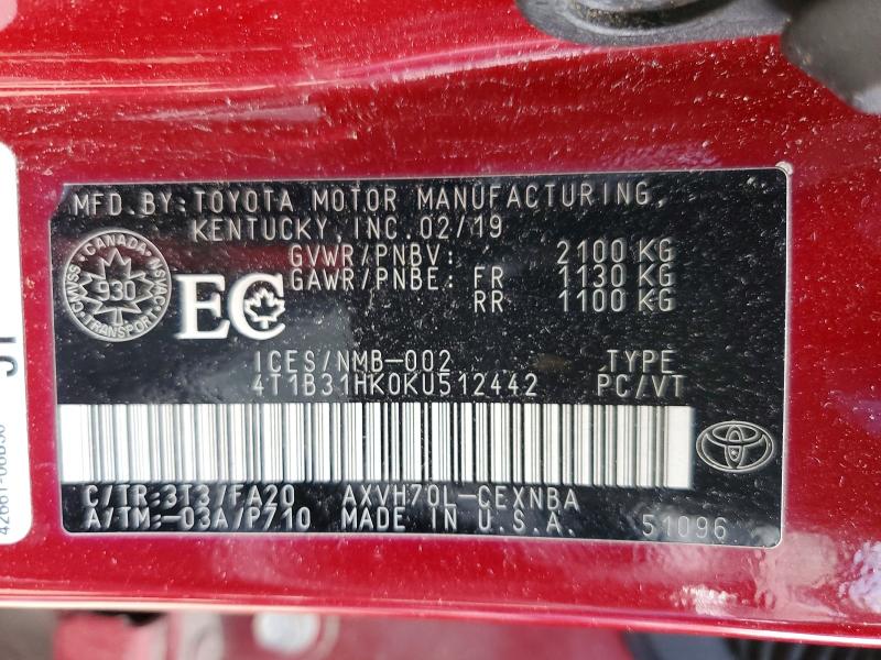 Продажа на аукционе авто 2019 Toyota Camry Hybrid, vin: 4T1B31HK0KU512442, номер лота: 48767676