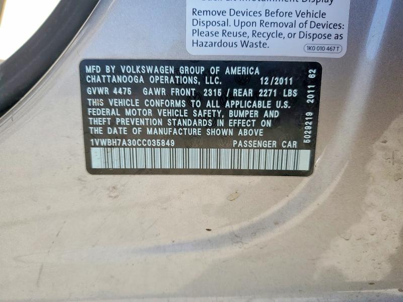 Aukcja sprzedaży 2012 Volkswagen Passat, vin: 1VWBH7A30CC035849, numer aukcji: 50704066