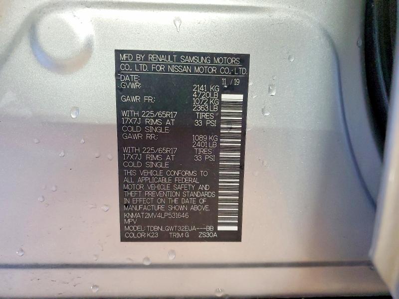 79944785 :رقم المزاد ، KNMAT2MV4LP531646 vin ، 2020 Nissan Rogue مزاد بيع