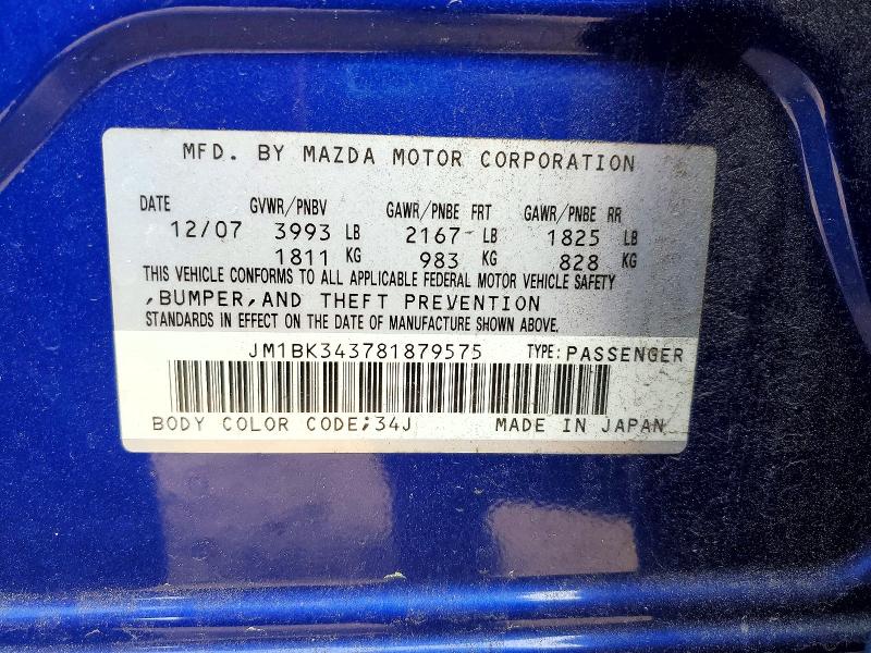 49392286 :رقم المزاد ، JM1BK343781879575 vin ، 2008 Mazda 3 مزاد بيع