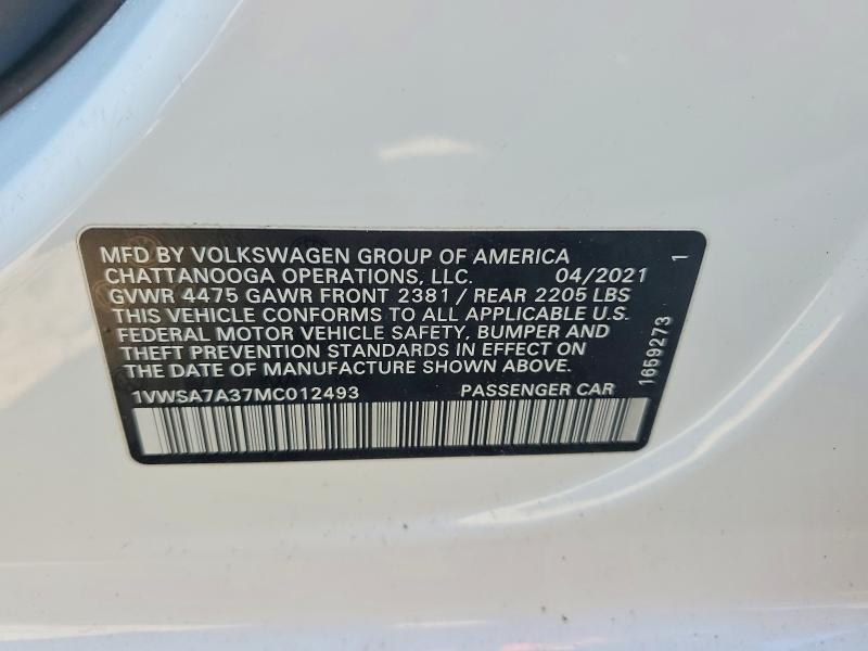 50500216 :رقم المزاد ، 1VWSA7A37MC012493 vin ، 2021 Volkswagen Passat مزاد بيع