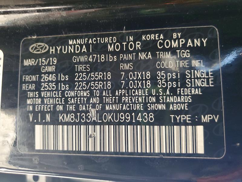 Auction sale of the 2019 Hyundai Tucson, vin: KM8J33AL0KU991438, lot number: 50948156