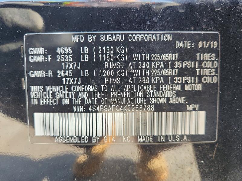 Auction sale of the 2019 Subaru Outback, vin: 4S4BSAFC4K3288788, lot number: 50003376