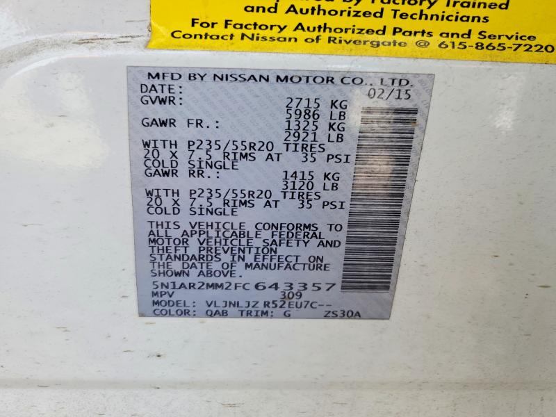 48600736 :رقم المزاد ، 5N1AR2MM2FC643357 vin ، 2015 Nissan Pathfinder مزاد بيع