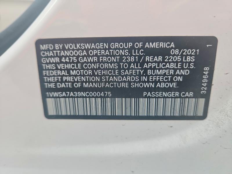 48363156 :رقم المزاد ، 1VWSA7A39NC000475 vin ، 2022 Volkswagen Passat مزاد بيع