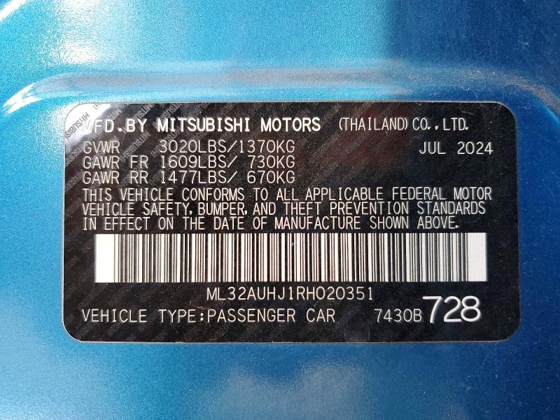 Продаж на аукціоні авто 2024 Mitsubishi Mirage, vin: ML32AUHJ1RH020351, номер лоту: 48781126