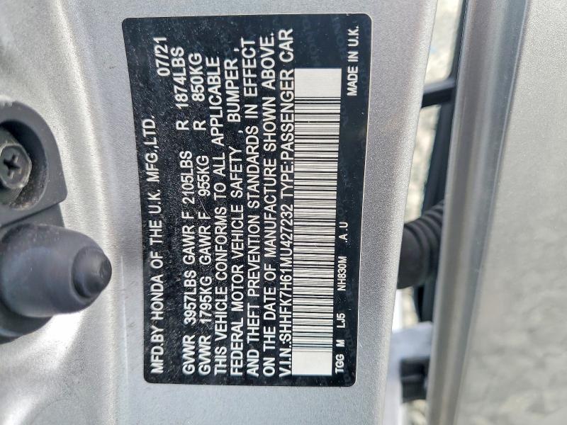 Продаж на аукціоні авто 2021 Honda Civic, vin: SHHFK7H61MU427232, номер лоту: 50197356