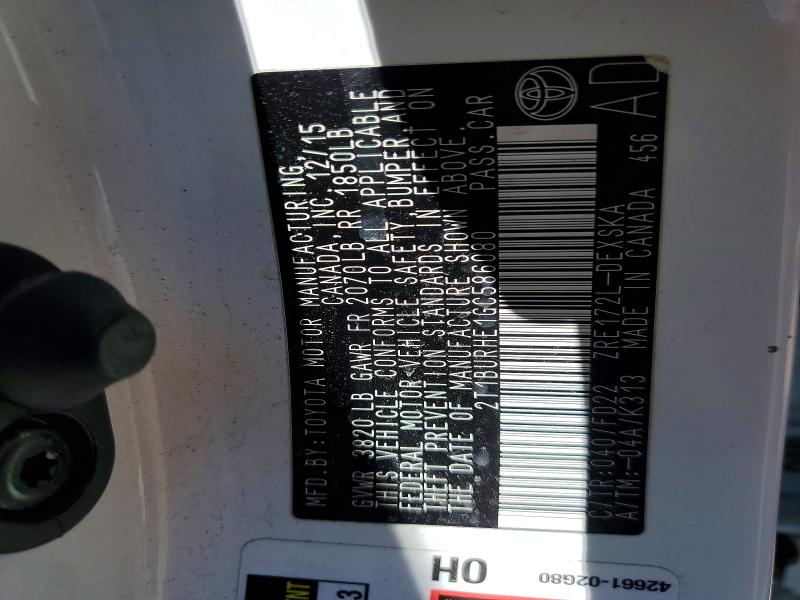 50256026 :رقم المزاد ، 2T1BURHE1GC586080 vin ، 2016 Toyota Corolla مزاد بيع