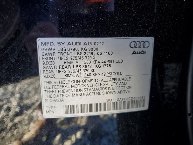 51345966 :رقم المزاد ، WA1LGAFE3CD007095 vin ، 2012 Audi Q7 مزاد بيع