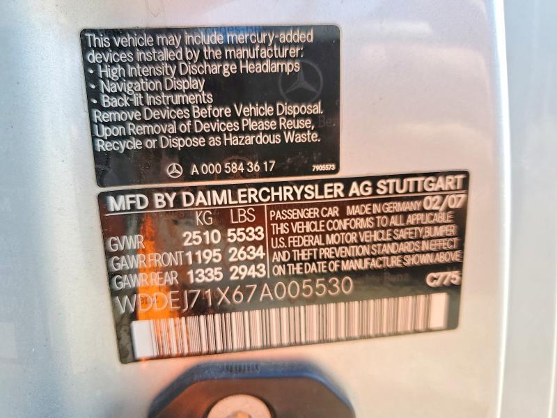 50286766 :رقم المزاد ، WDDEJ71X67A005530 vin ، 2007 Mercedes-benz 550 مزاد بيع