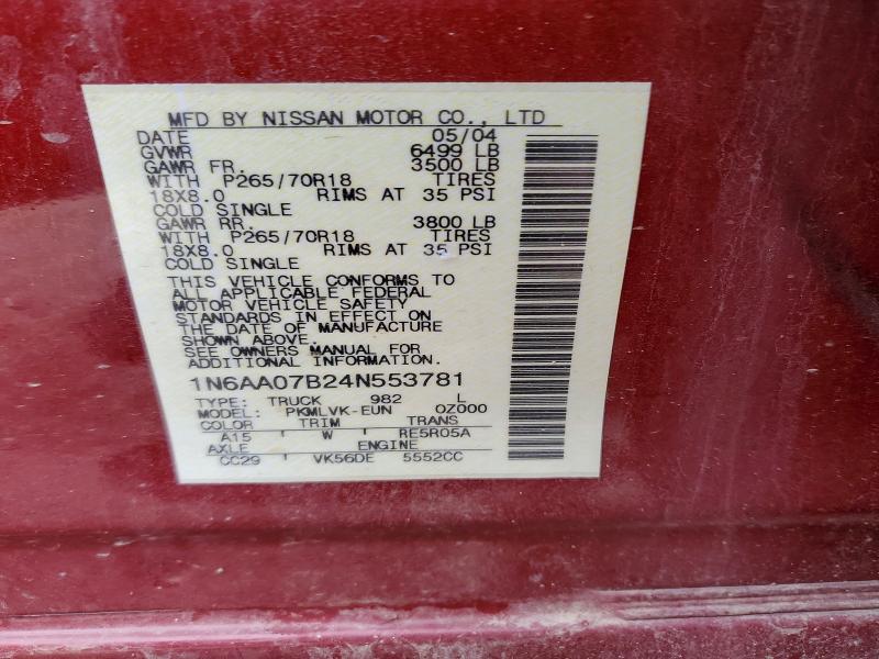 Aukcja sprzedaży 2004 Nissan Titan, vin: 1N6AA07B24N553781, numer aukcji: 51349936