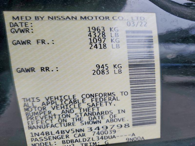 Aukcja sprzedaży 2022 Nissan Altima, vin: 1N4BL4BV5NN349798, numer aukcji: 47954266