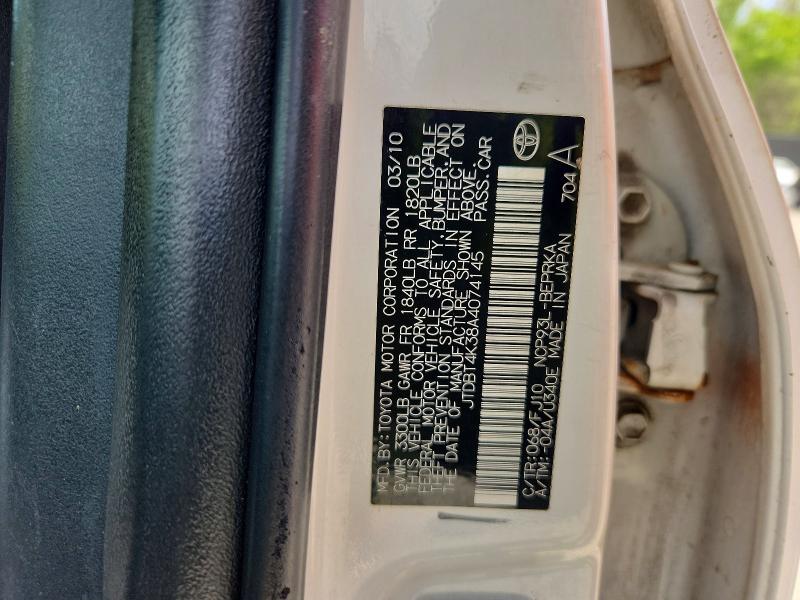 49717926 :رقم المزاد ، JTDBT4K38A4074145 vin ، 2010 Toyota Yaris مزاد بيع