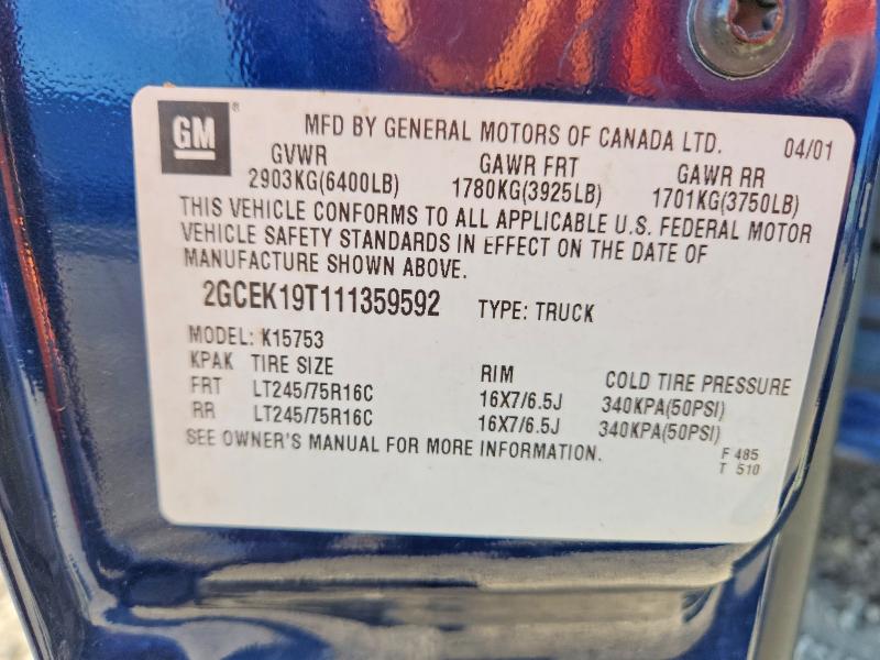 Aukcja sprzedaży 2001 Chevrolet Silverado, vin: 2GCEK19T111359592, numer aukcji: 51371666