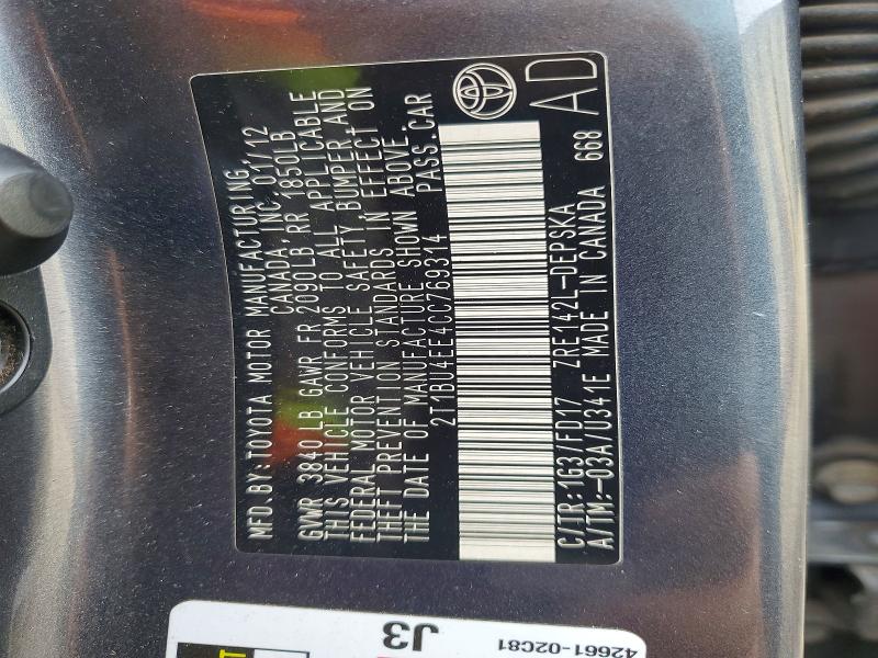 49052296 :رقم المزاد ، 2T1BU4EE4CC769314 vin ، 2012 Toyota Corolla مزاد بيع