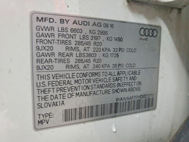 51188376 :رقم المزاد ، WA1VAAF77HD027370 vin ، 2017 Audi Q7 مزاد بيع