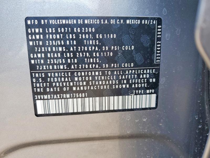 2024 Volkswagen Tiguan მანქანა იყიდება აუქციონზე, vin: 3VVMB7AX7RM175681, აუქციონის ნომერი: 50714956