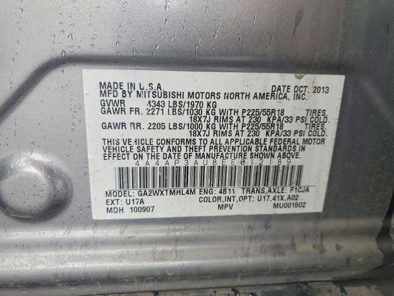 2014 Mitsubishi Outlander Sport მანქანა იყიდება აუქციონზე, vin: 4A4AP3AU8EE012189, აუქციონის ნომერი: 49952246