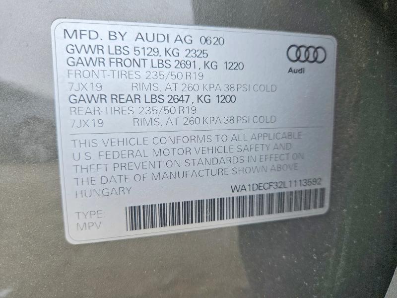 50512236 :رقم المزاد ، WA1DECF32L1113592 vin ، 2020 Audi Q3 مزاد بيع