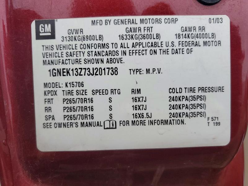 Aukcja sprzedaży 2003 Chevrolet Tahoe, vin: 1GNEK13Z73J201738, numer aukcji: 48521996