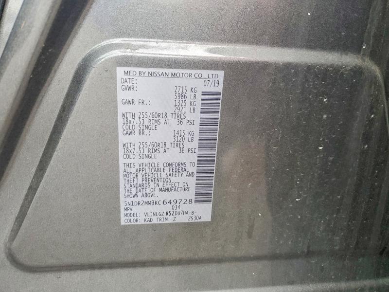 2019 Nissan Pathfinder მანქანა იყიდება აუქციონზე, vin: 5N1DR2MM9KC649728, აუქციონის ნომერი: 49579226