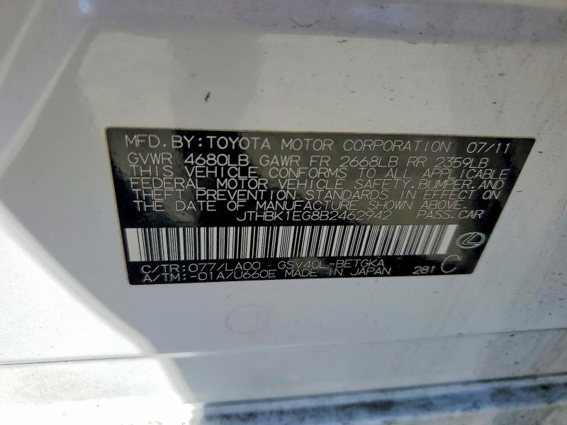 50704726 :رقم المزاد ، JTHBK1EG8B2462942 vin ، 2011 Lexus Es مزاد بيع