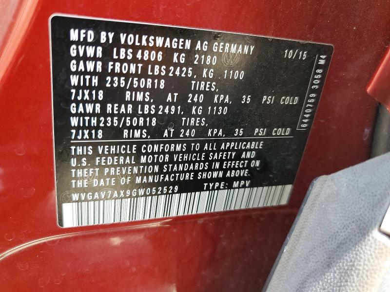48748956 :رقم المزاد ، WVGAV7AX9GW052529 vin ، 2016 Volkswagen Tiguan مزاد بيع