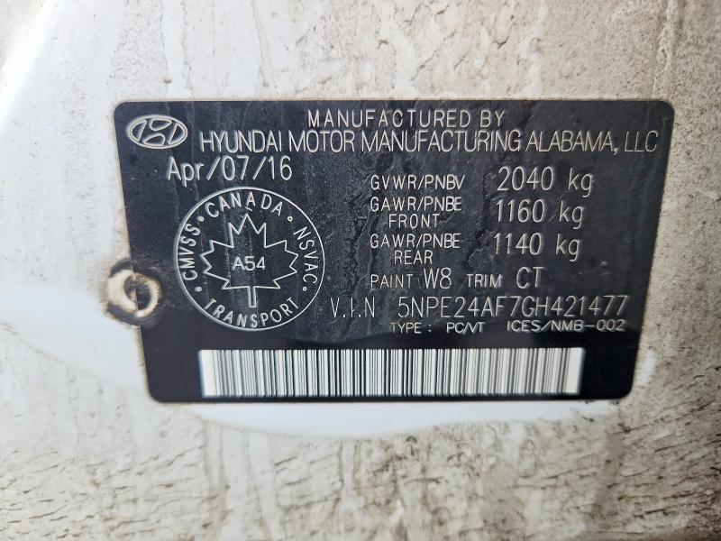 49614686 :رقم المزاد ، 5NPE24AF7GH421477 vin ، 2016 Hyundai Sonata مزاد بيع