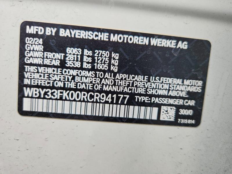 51622646 :رقم المزاد ، WBY33FK00RCR94177 vin ، 2024 Bmw I5 مزاد بيع