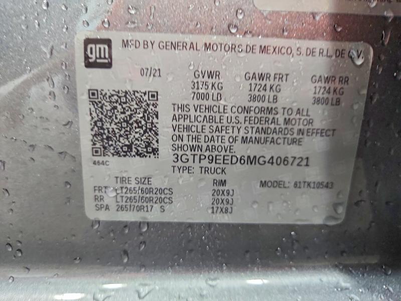 Aukcja sprzedaży 2021 Gmc Sierra, vin: 3GTP9EED6MG406721, numer aukcji: 50111846