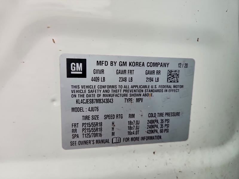 Aukcja sprzedaży 2021 Buick Encore, vin: KL4CJESB7MB343043, numer aukcji: 49910256