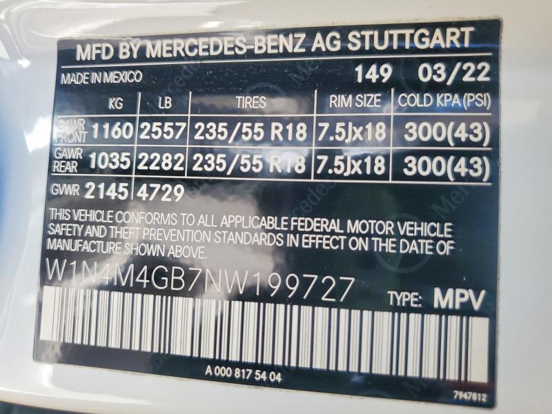 Aukcja sprzedaży 2022 Mercedes-benz Glb, vin: W1N4M4GB7NW199727, numer aukcji: 48427216