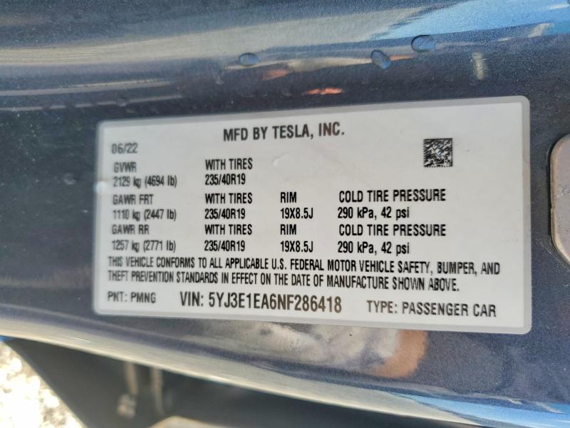 50499896 :رقم المزاد ، 5YJ3E1EA6NF286418 vin ، 2022 Tesla Model 3 مزاد بيع