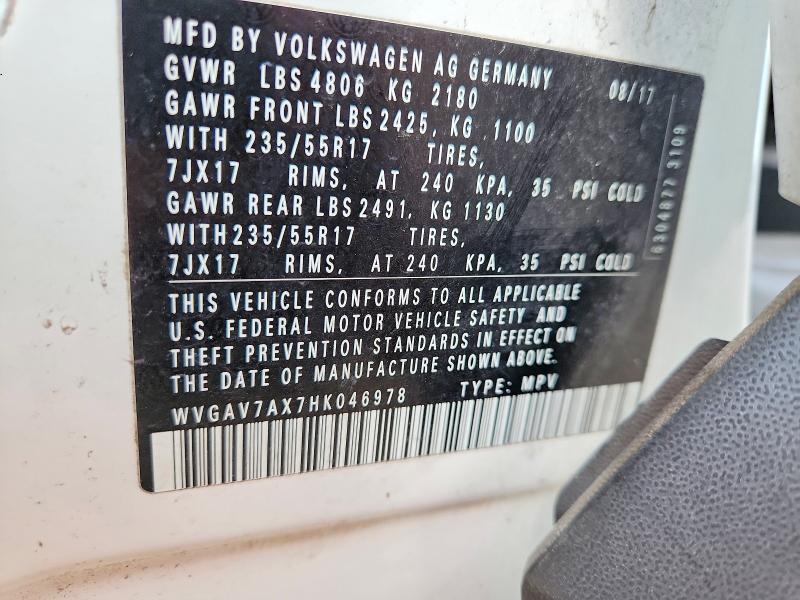 2017 Volkswagen Tiguan მანქანა იყიდება აუქციონზე, vin: WVGAV7AX7HK046978, აუქციონის ნომერი: 51856736