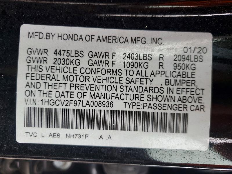 48054476 :رقم المزاد ، 1HGCV2F97LA008936 vin ، 2020 Honda Accord مزاد بيع