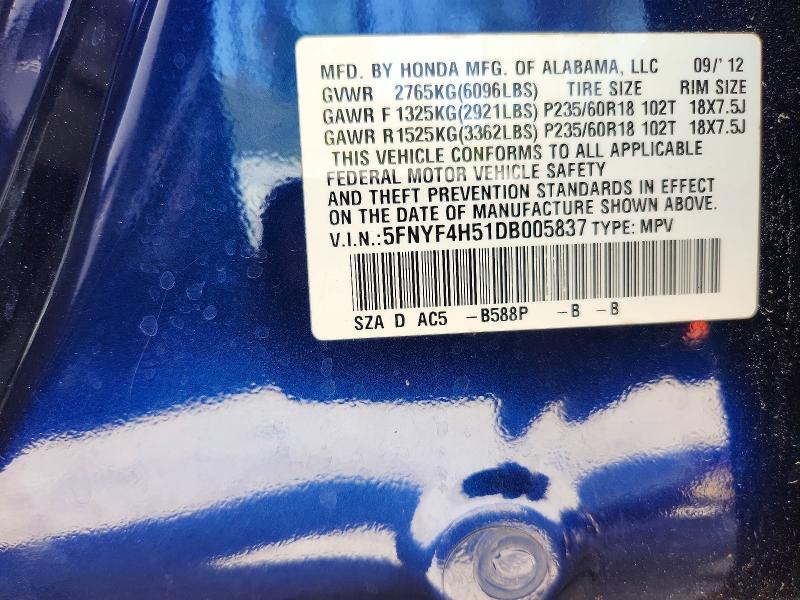 2013 Honda Pilot მანქანა იყიდება აუქციონზე, vin: 5FNYF4H51DB005837, აუქციონის ნომერი: 49964116