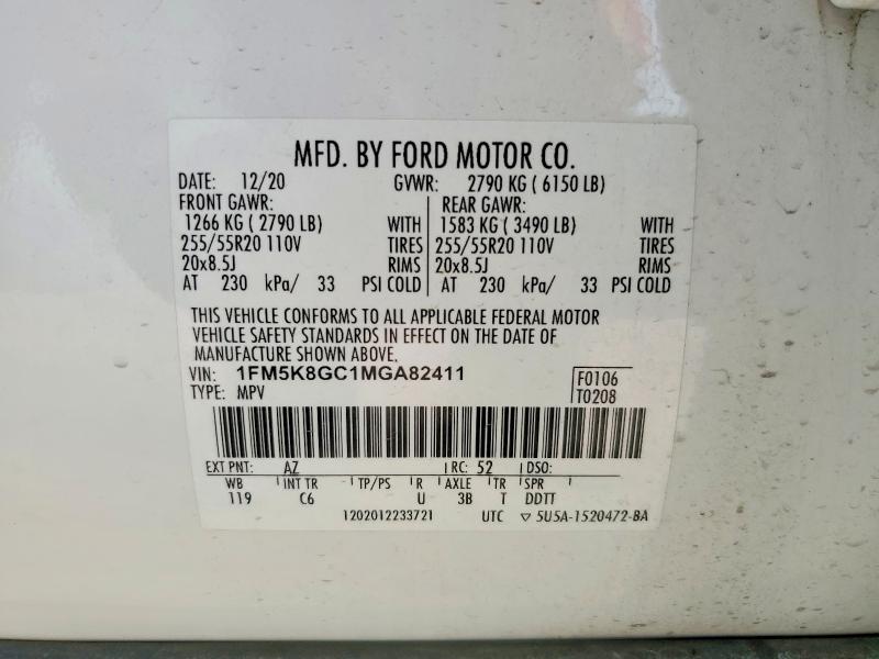 49607526 :رقم المزاد ، 1FM5K8GC1MGA82411 vin ، 2021 Ford Explorer مزاد بيع